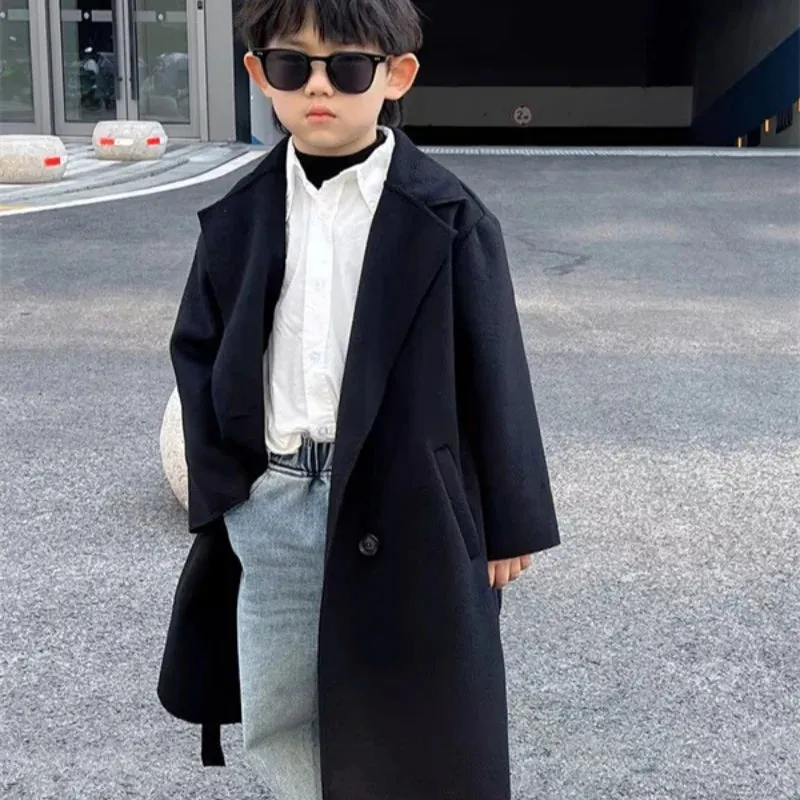 Boys Woolen Coat Overcoat Jacket Windbreak 2024 Black Warm Plus Thicken Autumn Winter CottonSchool Children's Clothing