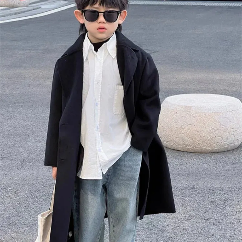 Boys Woolen Coat Overcoat Jacket Windbreak 2024 Black Warm Plus Thicken Autumn Winter CottonSchool Children's Clothing