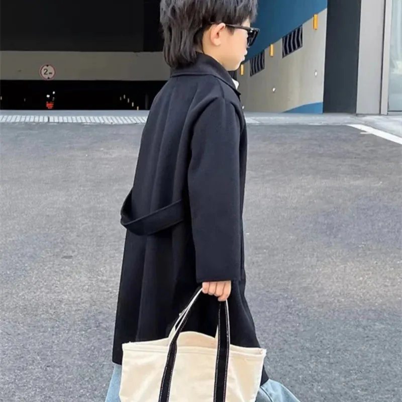 Boys Woolen Coat Overcoat Jacket Windbreak 2024 Black Warm Plus Thicken Autumn Winter CottonSchool Children's Clothing