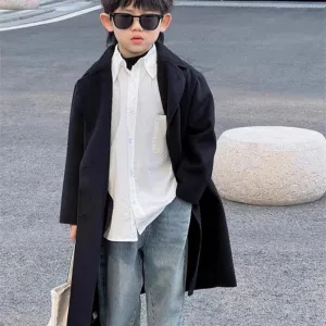 Boys Woolen Coat Overcoat Jacket Windbreak 2024 Black Warm Plus Thicken Autumn Winter CottonSchool Children's Clothing