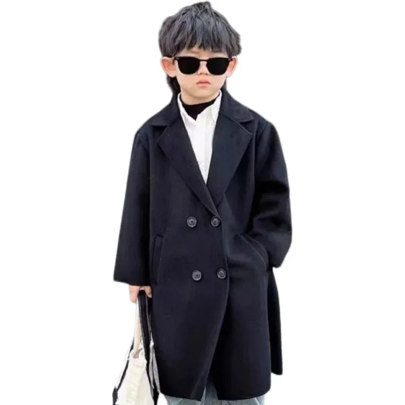 Boys Woolen Coat Overcoat Jacket Windbreak 2024 Black Warm Plus Thicken Autumn Winter CottonSchool Children's Clothing