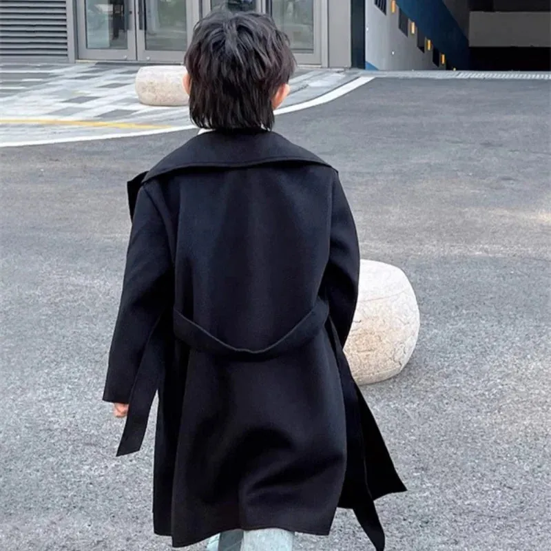Boys Woolen Coat Overcoat Jacket Windbreak 2024 Black Warm Plus Thicken Autumn Winter CottonSchool Children's Clothing