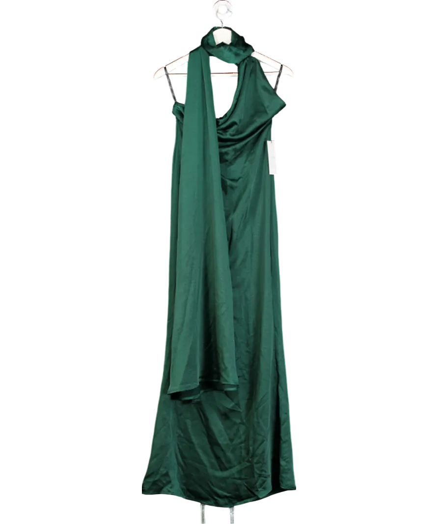 Club L Bottle Green Satin Asymmetric Scarf Neck Backless Maxi Dress UK 8