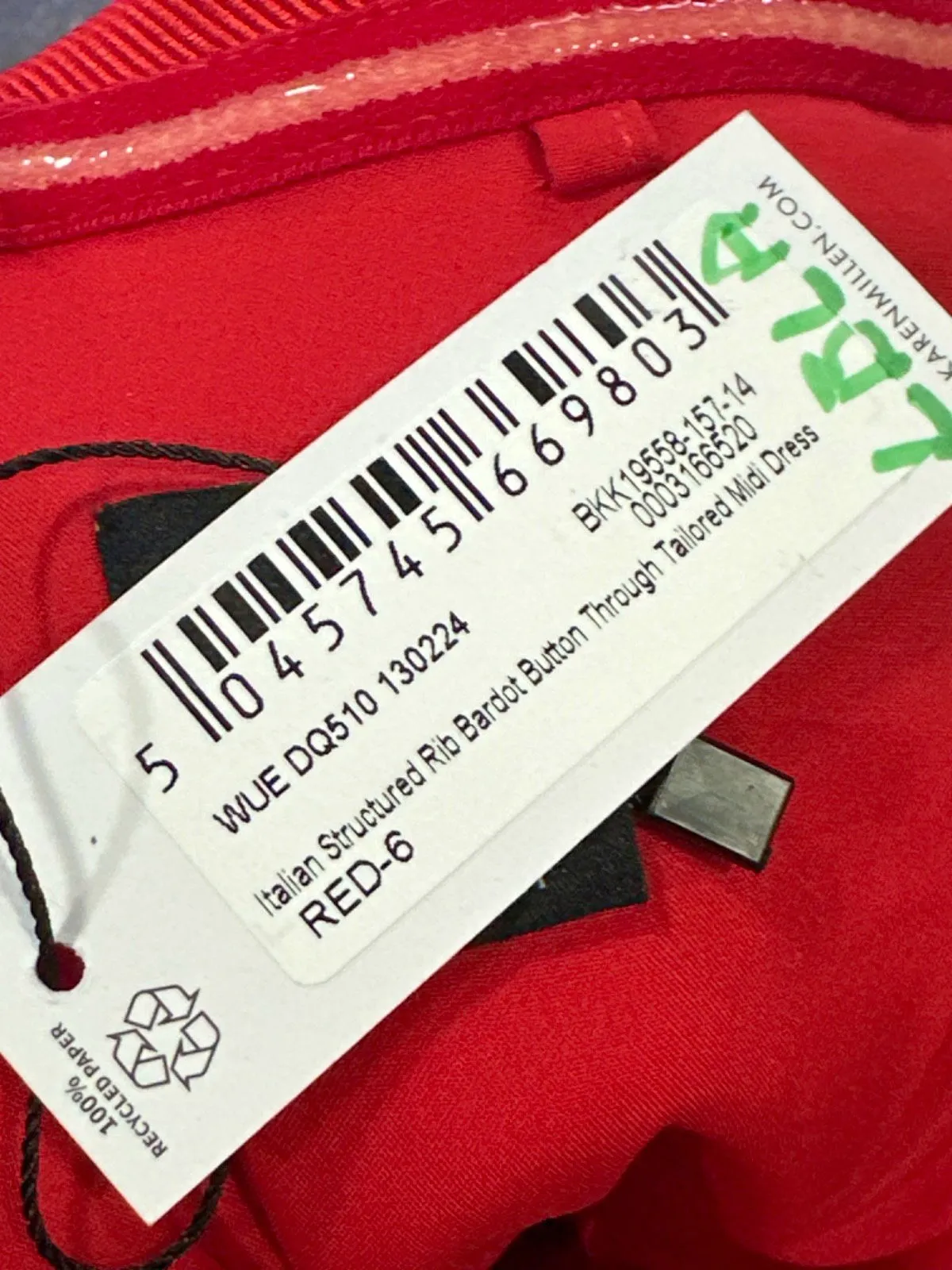 Karen Millen Red Italian Structured Rib Bardot Button Through Tailored Midi Dress UK 6