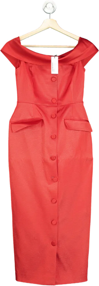 Karen Millen Red Italian Structured Rib Bardot Button Through Tailored Midi Dress UK 6