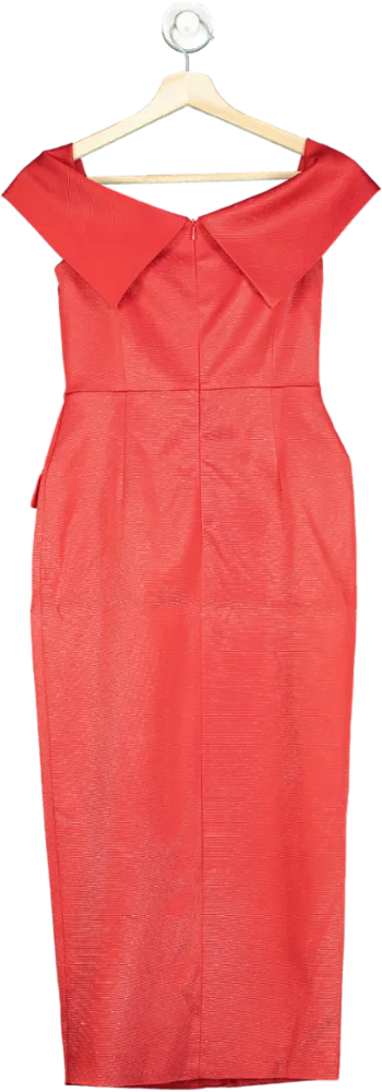 Karen Millen Red Italian Structured Rib Bardot Button Through Tailored Midi Dress UK 6