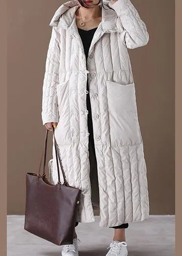 luxury Plus Size Winter Overcoat Beige Hooded Large Pockets Coat