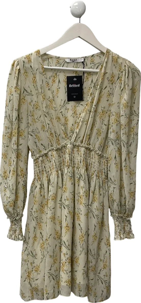 NA-KD Yellow Structured Smock Waist Dress UK 10
