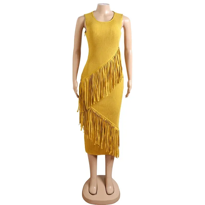 Pre Order:  Yellow Tassel Hip Wrap Bandage Dress