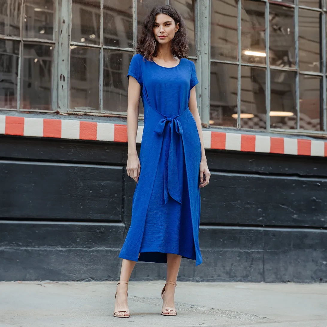 Soft Textured Rayon - Wrap Overlay Center Tie Midi Dress - Cobalt - Final Sale!