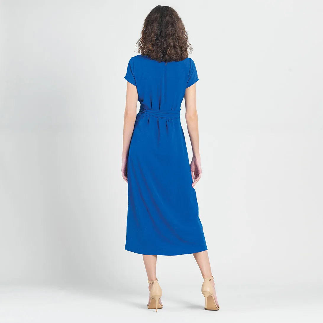 Soft Textured Rayon - Wrap Overlay Center Tie Midi Dress - Cobalt - Final Sale!